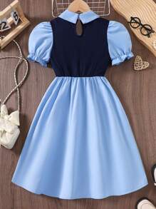 8-12 岁女童蓝黑拼布连衣裙，彼得潘领泡泡袖纽扣装饰连衣裙，派对休闲必备，学院风 - 藍色 - 查看 2