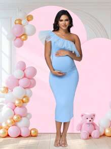JustVH Maternity One Shoulder Mesh Collar Baby Shower Midi Dress Party Photoshoot Dress - Baby Blue - View 3
