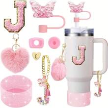 8 piezas de accesorios para taza de 40 oz y 30 oz, incluyendo tapa con pajita, tapa de silicona a prueba de derrames, funda de silicona, cadena con dije de letra, pegatina, gancho en forma de corazón, pompones con forma de corazón y bola de pelo, ideal para camping, regalo del Día de San Valentín, Día de la Madre, útiles escolares