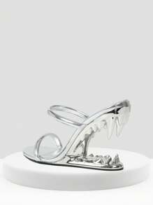 Morso Sandals For Women Shark Teeth Design High Heels Tiger Teeth Heeled Sandals Open Round Toe Slip On Strap Sandal Party Concert Outdoor Easter Gifts Spring Summer Dressy Womens Silver Heels Shoes - 銀色 - 查看 10