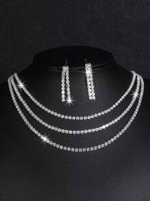 3pcs/Set Fashionable Rhinestone Necklace & Earring Jewelry Set, Claw Chain For Wedding Party - Silver - View 2