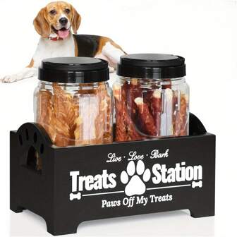 1PC Complimentary 2 Jars,Wooden Pet Snack Station, Pet Food Storage Organizer, Paw Print Design, Pet Supplies, Home Storage And Organizer, Pet Storage Box, Pet Lovers Must Have, Large Capacity