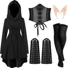 Halloween Women's Renaissance Fairy Costume Set, Medieval Hooded Dress With Accessories, Get Ears As A Gift