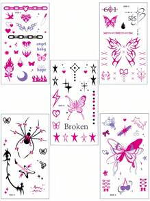 5 Blatt Y2K Tattoos, sexy temporäre Tattoos, Fingertattoos für Frauen, wasserfeste realistische mehrfarbige Tattoo-Aufkleber im Punk-Stil mit rosa Rose, Schmetterling, rotem Herz, Spinne und Schleife für Partys, Dates, Musikfestivals