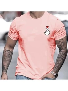 Camiseta De Manga Curta Camisa Estampa De Gesto Coração, Camisa Confortável E Estilosa Para O Verão, Estilo Casual E Fashion Para O Dia A Dia - Rosa Bebê - Visão 1