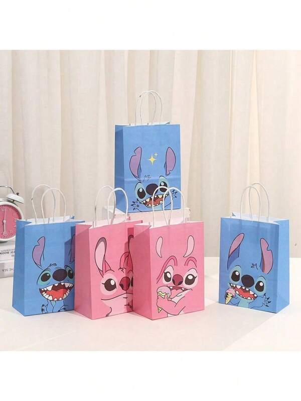 Disney 5pcs Disney Stitch Paper Tote Bag Gift Bag,Suitable For Holidays, Parties, And Other Occasions, Is An Ideal Choice For Candy Bags, Snacks, And Toy Packaging Decorations