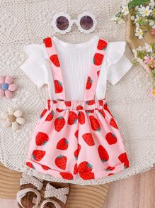2pcs/Set Baby Girls Cute Short Sleeve Romper + Bib Pants Outfit, Lightweight Summer