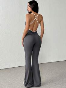 1pc Sleeveless Solid Color Thin Camisole Jumpsuit, Contrast Color Wide Leg Flare Design Casual Sexy Backless Romper