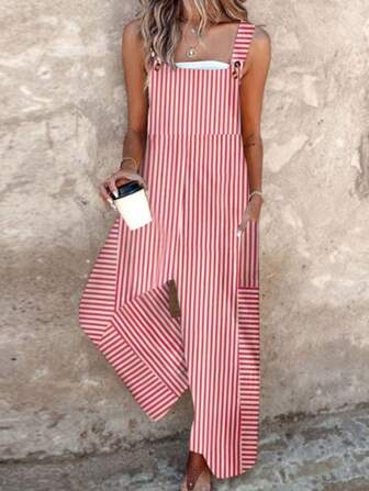 女士休闲方领条纹拼接长款连体裤（带吊带）