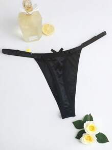 Adjustable Waist Satin Thong Panties With 3D Bow Decor, Rave For Going Out - Black - View 2