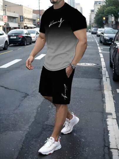 Men's Casual Suit Ombre Top English Printed Garment, Round Neck Short Sleeves And Drawstring Shorts, Casual Comfort Suit