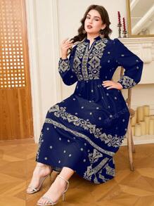 DEARCASE Plus Size Elegant Retro Print Notched Neck Long Dress