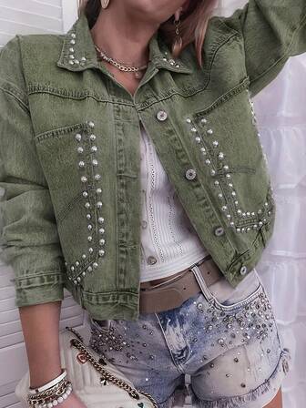 Standard Size Women's Embroidered, Beaded Oversized Loose Fit Long Sleeve Non-Stretch Colored Denim Jacket