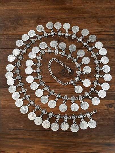 Vintage Silver Tassel Coin Pendant Waist Chain, 3D Carved Bohemian Style Belly Dance Chain Body Jewelry, Halloween Accessory