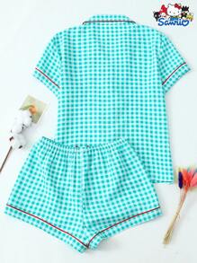 2pcs/Set Women's Spring/Summer Sanrio Hello Kitty Embroidered Pocket Plaid Print Lapel Short Sleeve Button-Up Top And Bow Shorts Pajamas Loungewear Set, Suitable For Home Use - màu xanh lá - Xem 2