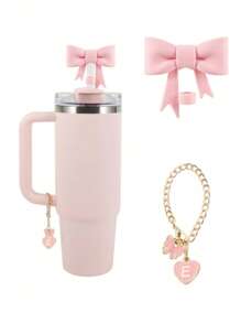 2pcs/Set: 1pc Silicone Bow Straw Topper & 1pc Letter Heart Bow Cup Tag, Fit For 40oz Cup, 10mm Straw Diameter, With Handle Glass Cup, Cute Pink Butterfly Decoration, Back To School Supplies