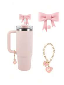2pcs/Set: 1pc Silicone Bow Straw Topper & 1pc Letter Heart Bow Cup Tag, Fit For 40oz Cup, 10mm Straw Diameter, With Handle Glass Cup, Cute Pink Butterfly Decoration, Back To School Supplies