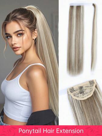 接发 24 英寸环绕式合成天然棕色金色挑染马尾假发 高品质长直马尾接发 女士女孩假发