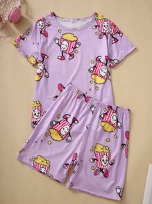 2pcs/Set Cartoon Print Kids Girls Pajama Set - Purple - View 1
