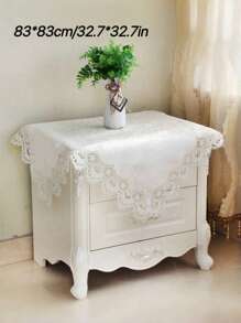 1 Pc White Embroidered Lace Trim Jacquard Tablecloth, Elegant Romantic Polyester Rectangle/Square Dust & Heat Resistant Table Cover, Suitable For Dining Table, Coffee Table, Nightstand, Wedding & Party Decoration - White - View 5