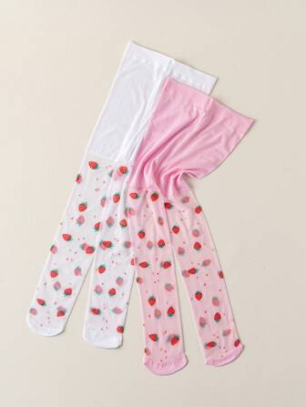 2 Pairs Of Kids' Tights,Thin & Breathable Silk Stockings Girls' Pantyhose, Sweet Strawberry Pattern Tights, Babys/Kids/Teens Tights,Suitable For Daily Wear