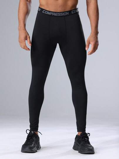 Men's Solid Color Athletic Sports Tight Pants, High Elasticity Compression Tights, Suitable For Outdoor Running & Training