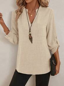 Summer Women's V-Neck Mid-Sleeve Solid Color Simple Top - 卡其色 - 查看 3