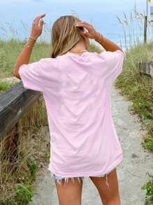 Oversized Graphic T Shirt For Women Teens Girl Y2K Floral Short Sleeve Baggy Tee Shirts Loose Fit Vintage Aesthetic Coastal Tops Summer Beach Going Out Tops - Bụi hồng - Xem 2