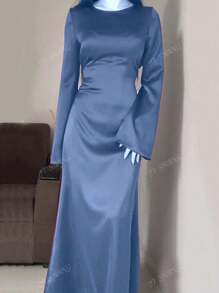 Vestido midi elegante de estilo árabe con cinturón y mangas acampanadas para mujer, modesto