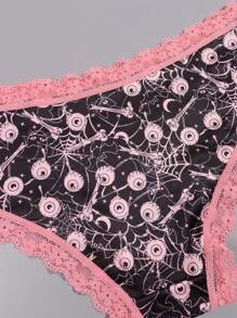 Morvia 10 stuks Sexy Roze Contrasterende Kanten Versieringen Gothic Chic Low-Rise Bikini's, Allover Bugs & Spiders & Skull & Bats & Pumpkins Print, Comfortabele Hipster Slipjes Voor Vrouwen - Halloween Lingerie & Ondergoed