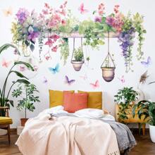 Removable Watercolor Hanging Potted Wall Stickers Flower Pots Wall Decals Colorful Plants Wall Sticker Floral Pendant Wall Decal Art Murals For Classroom Office Living Room Girl Bedroom Personalised Stickers