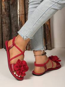 Sandalias bohemias de mujer con estilo vintage, cómodas y casuales, 2025 nueva moda, con correas cruzadas suaves tejidas de unicolor, decoración floral, hebilla, transpirables, apropiadas para verano, versátiles para vacaciones, antideslizantes, para viajes, tallas grandes, regalo del Día de San Valentín - Rojo - Ver 6