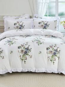 2/3 Pcs Ruffled Floral Printed Bedding Set (1 Duvet Cover + 1/2 Pillowcase), Soft & Breathable, Suitable For Hotel, Bedroom, Dormitory, All Seasons, Without Comforter And Pillow