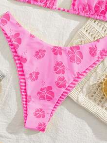 PEPPERMOLLY 新款柔软印花露背系带沙滩装优雅性感比基尼套装，夏季沙滩时尚女士泳装度假装 - 玫粉色 - 查看 7