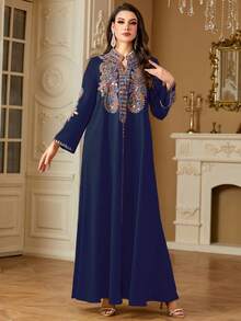 Women's Vintage Inspired Sequins Embroidered V-Neck Loose Long Arabic Style Dress, Spring/Summer, Modest Kaftan - Navy Blue - View 3