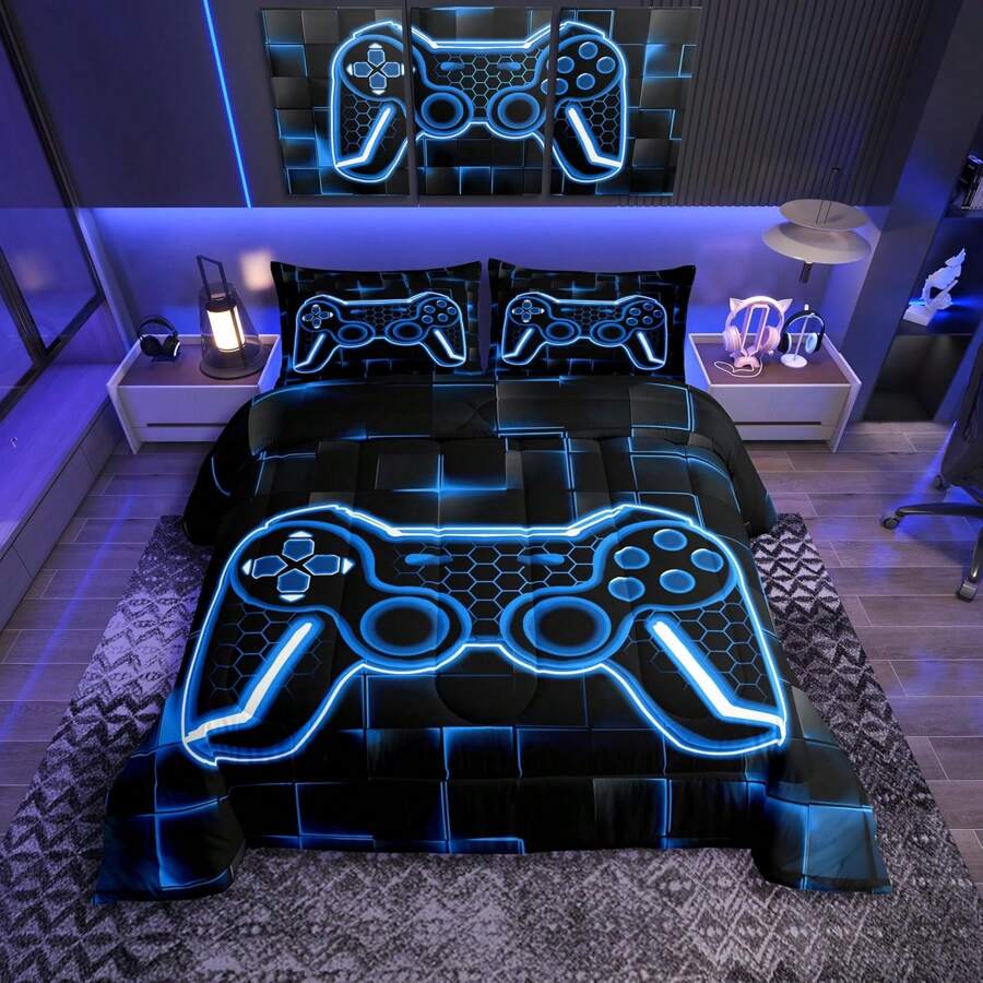 2/3Pcs Men Gamer Comforter Set, Blue And Black Bedding Set For Men Women, Gaming Ombre Comforter Geometric Square Duvet Set, Beehive Gamepad Patterned Quilt Set, Room Decor, All Season Lightweight Soft Warm, Festival Birthday Gifts Decoration Ornaments - Blue Black - 查看 1