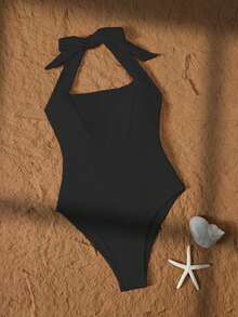 Áo tắm liền thân nữ màu trơn, kiểu cổ yếm buộc dây, phong cách thường ngày, thích hợp cho kỳ nghỉ hè, đi biển, màu đen. - màu đen - Xem 3