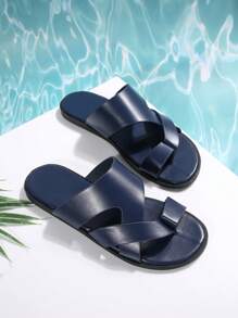 男士户外派对商务休闲一脚蹬露趾透气纯色高端时尚百搭平底凉鞋