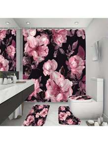 1 Peça/4 Peças Conjunto de Cortina de Chuveiro Floral Colorida com Tapete Antiderrapante, Tampa, Tapete de Banho e 12 Ganchos de Plástico - Lavável na Máquina, Decoração de Banheiro à Prova d'Água em Poliéster com Ilhós no Top - Conjunto de Acessórios de Banho com Tema Natural para Todas as Estações Volta às Aulas