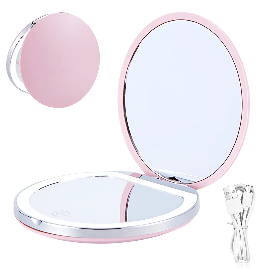 Espejo de maquillaje circular con ampliación 2X, tres niveles de atenuación, tapa portátil abatible, iluminación LED y carga USB. Espejo de belleza con un lado ampliado 2X. Idea de regalo única, genial y elegante para hombres y mujeres.