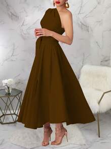 Vestido largo elegante de mujer de unicolor sin mangas con abertura en el bajo