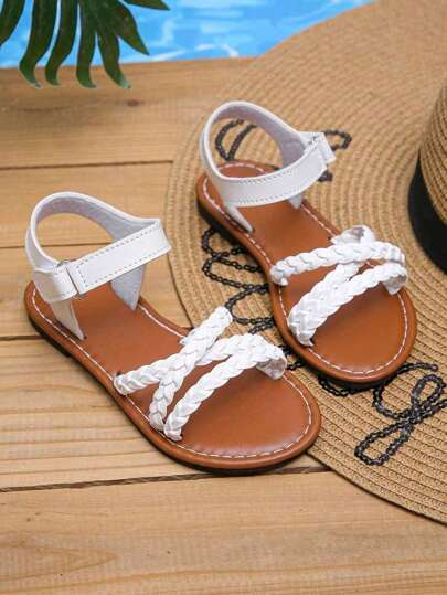 Flickor Rund Toe Low Top PU-sandaler - Andas lätta ihåliga sandaler för semesterstrand, sommar - Söt Preppy klassisk stil för 14 och under