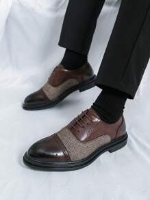 Men's Formal Check Print Dress Shoes - Vintage High-End British Casual Dress Loafers, Lightweight Comfortable Lace-Up - Brown - View 6