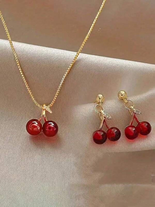 Set de 3 piezas de collar y aretes con diseño de cereza roja a la moda y adorable, adecuado para uso diario, fiesta, citas, vacaciones, regalo de cumpleaños, regalo para amigos