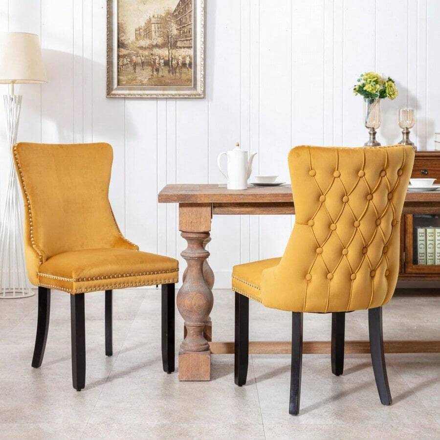 Set Of 2 High-Quality Dining Chairs With Nailhead Accent On The Back. Suitable For Dining Room, Living Room And Bedroom Decor. Presented In Beige Hue. - 金的 - 查看 1