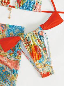 随机佩斯利印花浅蓝色粗肩带装饰金色点缀女士泳衣上衣、三角短裤和纱笼裙 3 件套，海滩度假风格 - 多色-橘紅 - 查看 5