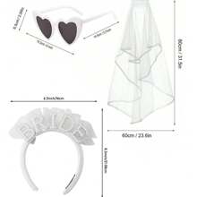 3件套单身派对准新娘装饰套装，新娘送礼会礼物，新娘绶带，白色心形眼镜，头纱，婚礼装饰，婚礼用品，装饰品，新奇物品，场景装饰，拍照道具 - 普通眼鏡髮箍頭紗 - 查看 2