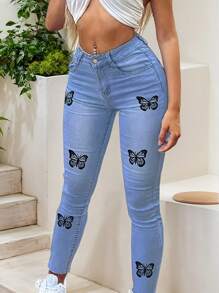 Women's Mid-Rise Skinny Jeans With Butterfly Prints, Casual And Avant-Garde, Suitable For Daily Life, Shopping, Parties, Music Festivals,Pantalón Jean Mujer,Women Clothes,Jeans Para Mujer,Pantalones De Mujer Jean,Ropa De Mujer,Tall Jeans Women,Y2k Clothes,Going Out Outfits,Holiday Outfits For Women,Vacation Outfits Women,Club Outfits For Women,New Years Outfit Women,Holiday Outfits For Women - Màu xanh nhạt - Xem 1
