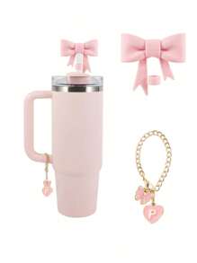2pcs/Set: 1pc Silicone Bow Straw Topper & 1pc Letter Heart Bow Cup Tag, Fit For 40oz Cup, 10mm Straw Diameter, With Handle Glass Cup, Cute Pink Butterfly Decoration, Back To School Supplies