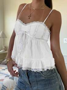 Women Y2k Lace Patchwork Cami Tops Cute Sleeveless Ruffle Hem Slim Fitted Babydoll Camisole Summer Crop Tank Tops Vintage Aesthetic Clothes Streetwear For Teen Girls - 白色 - 查看 1